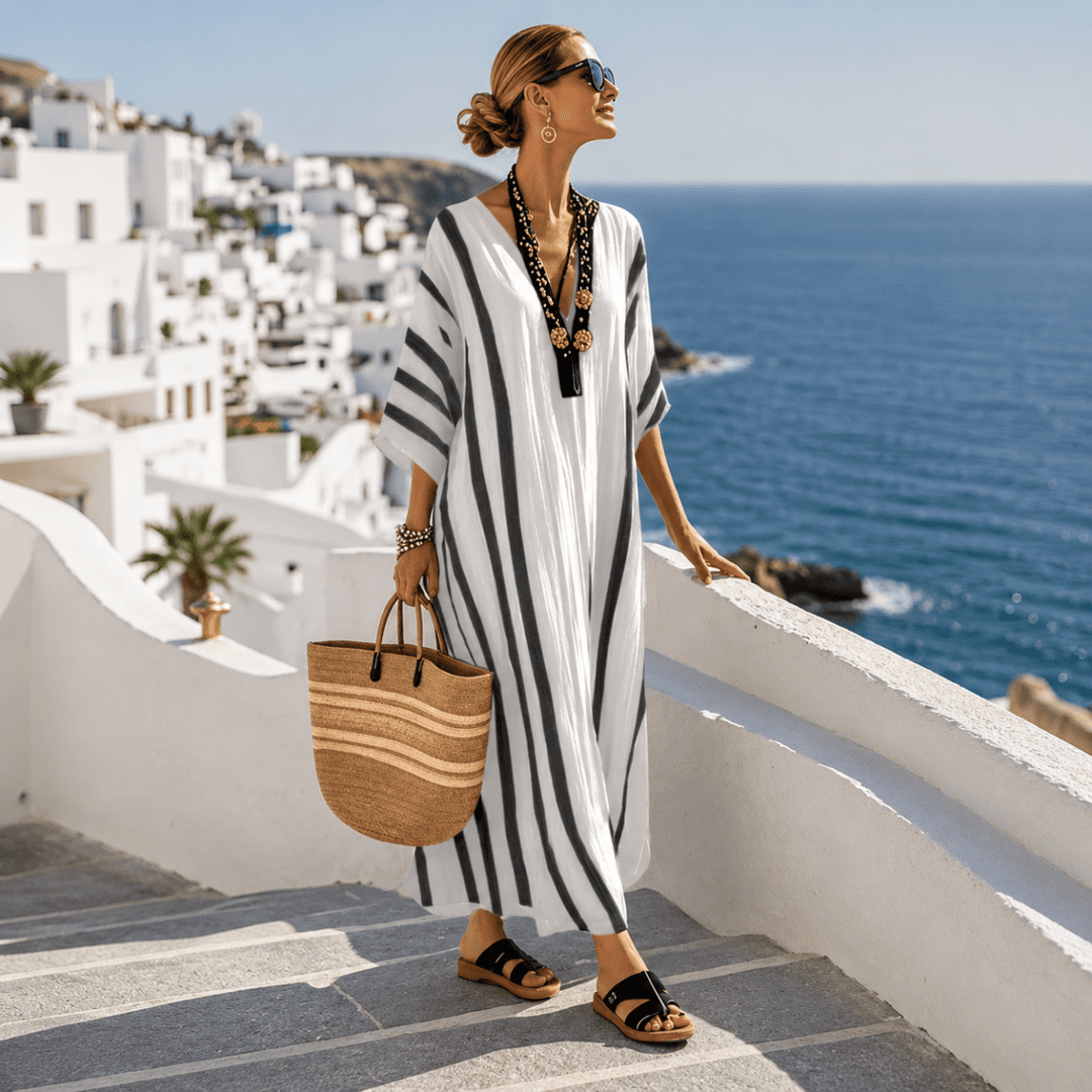 Mediterranean Striped Long Kaftan Dress