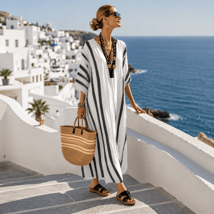 Mediterranean Striped Long Kaftan Dress