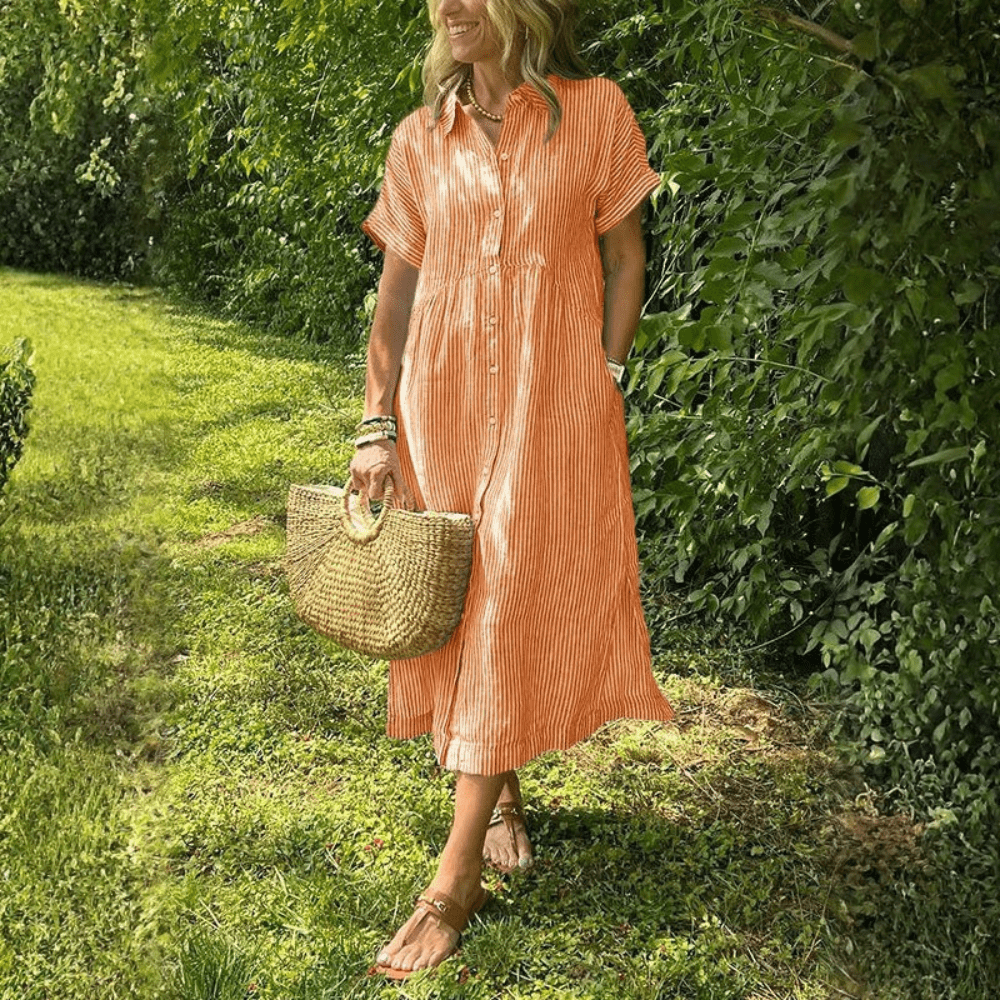 Striped Button Front Midi Dress