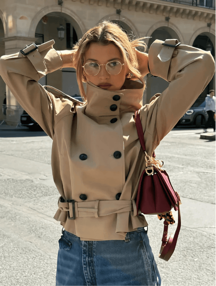 Elegant Short Jacket for Women with Double Button Closure and Waist Belt