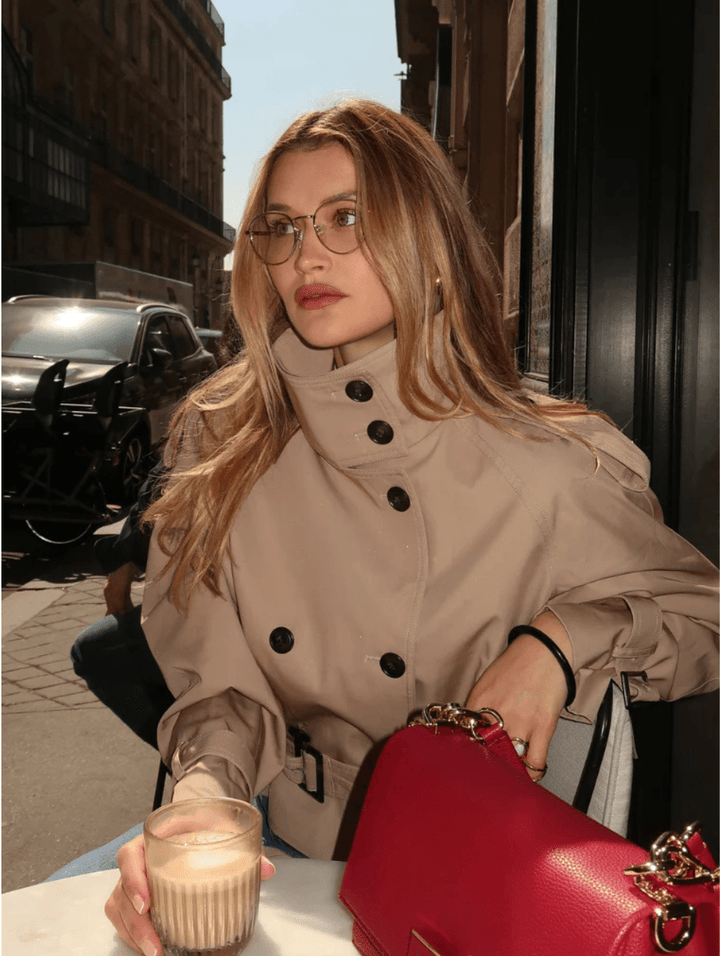 Elegant Short Jacket for Women with Double Button Closure and Waist Belt