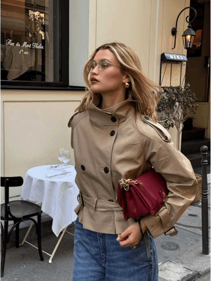 Elegant Short Jacket for Women with Double Button Closure and Waist Belt