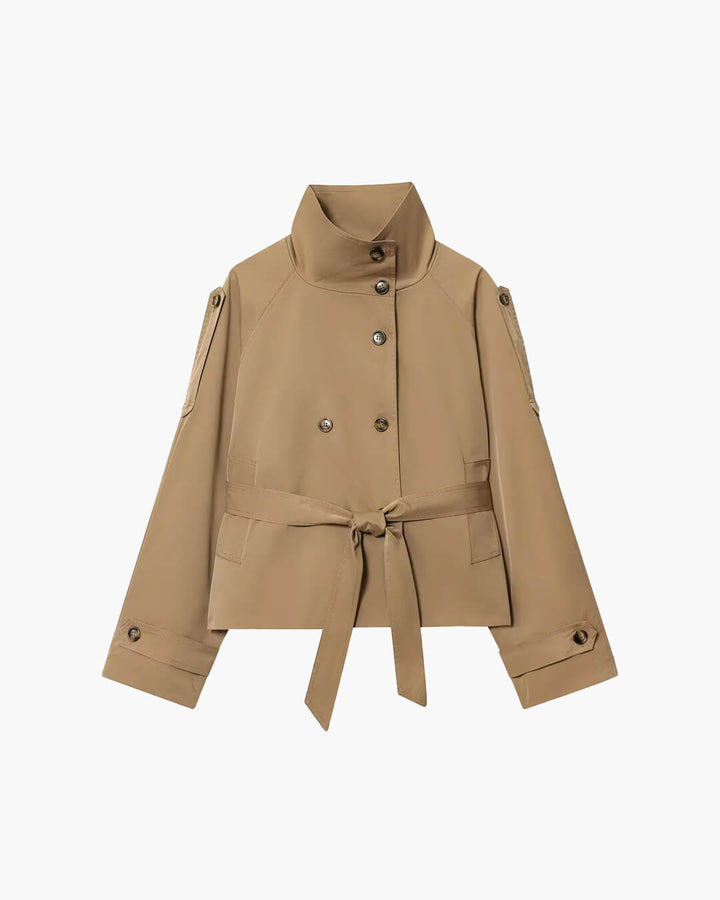 Elegant Short Jacket for Women with Double Button Closure and Waist Belt