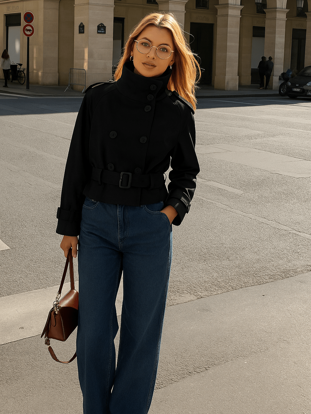 Elegant Short Jacket for Women with Double Button Closure and Waist Belt