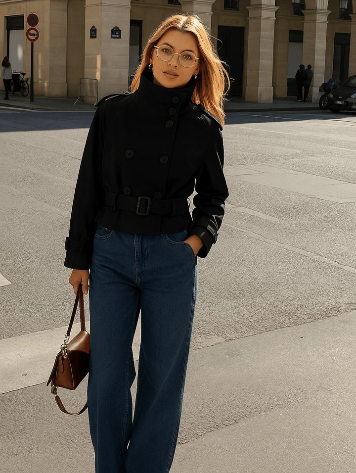 Elegant Short Jacket for Women with Double Button Closure and Waist Belt