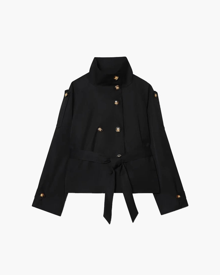 Elegant Short Jacket for Women with Double Button Closure and Waist Belt