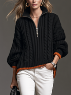 Women's Black and Orange Long-Sleeve Knit Sweater with Half-Zip Collar