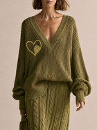Women's Heart Detail V-Neck Olive Knit Sweater