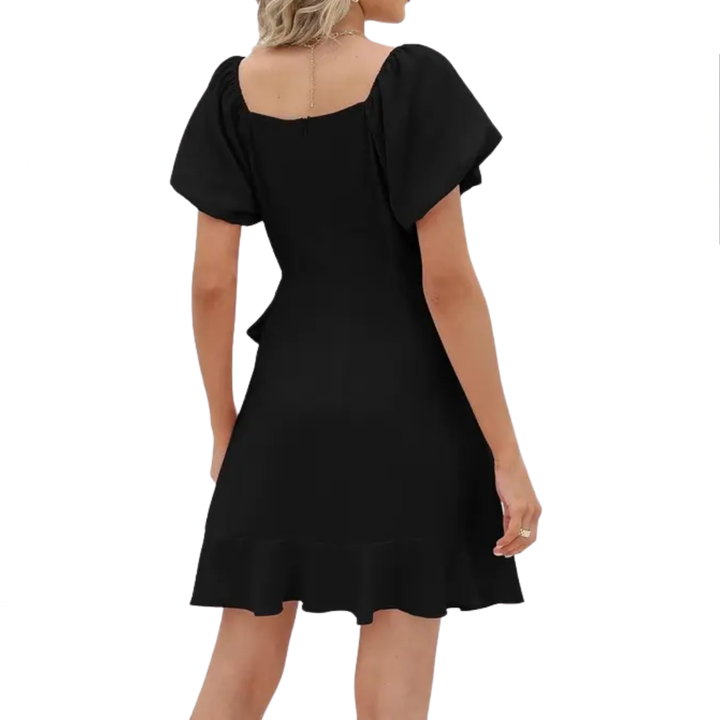Donna - Square Neck Puff Sleeve Belted A-Line Mini Dress