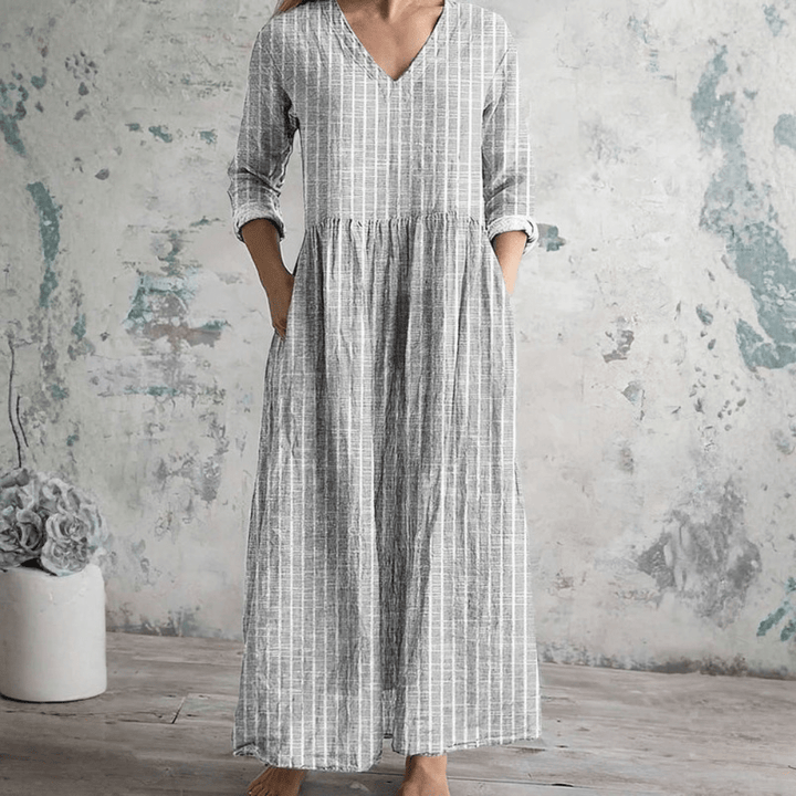 Breathable V Neck Stripe Dress