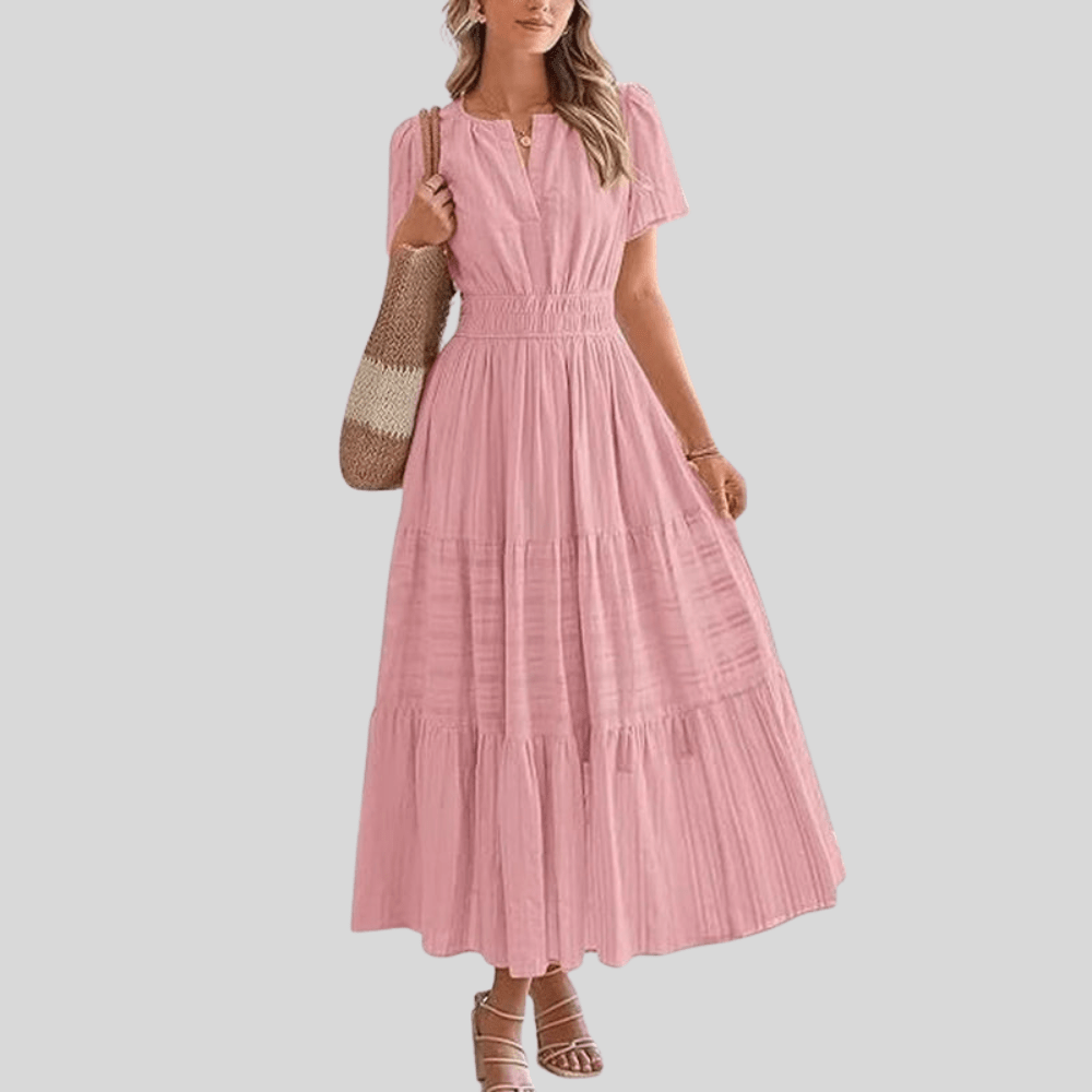 Boho Pleated Puff Sleeve Midi Dress