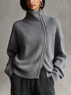 Women's Gray Diagonal‑Zip Funnel Neck Knit Sweater