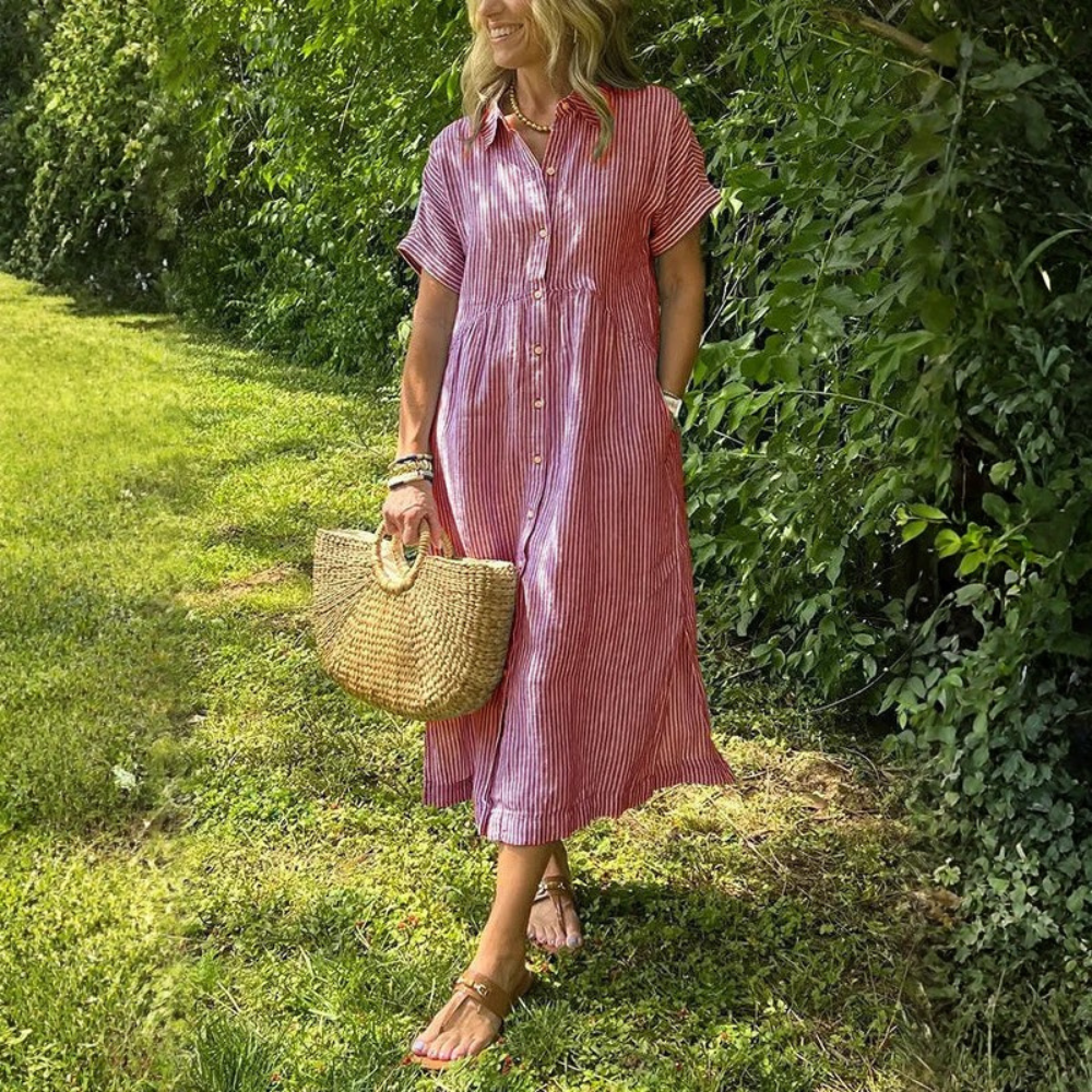 Striped Button Front Midi Dress