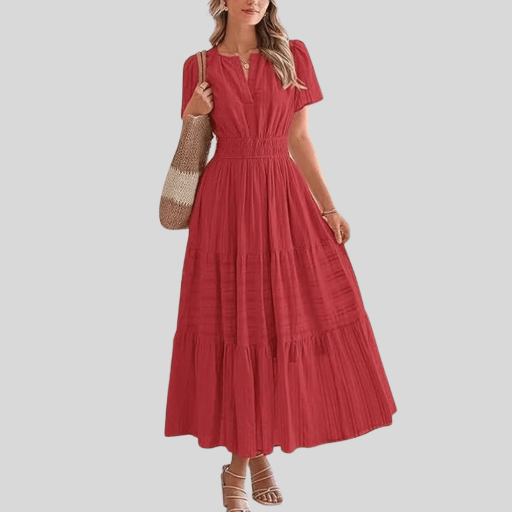 Boho Pleated Puff Sleeve Midi Dress