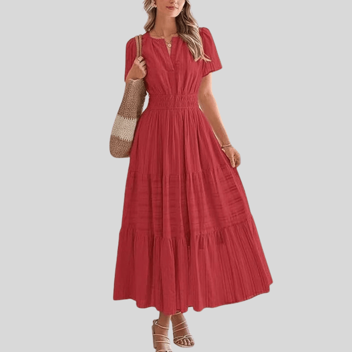 Boho Pleated Puff Sleeve Midi Dress