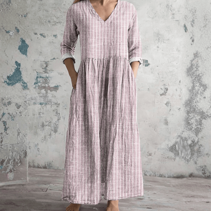 Breathable V Neck Stripe Dress