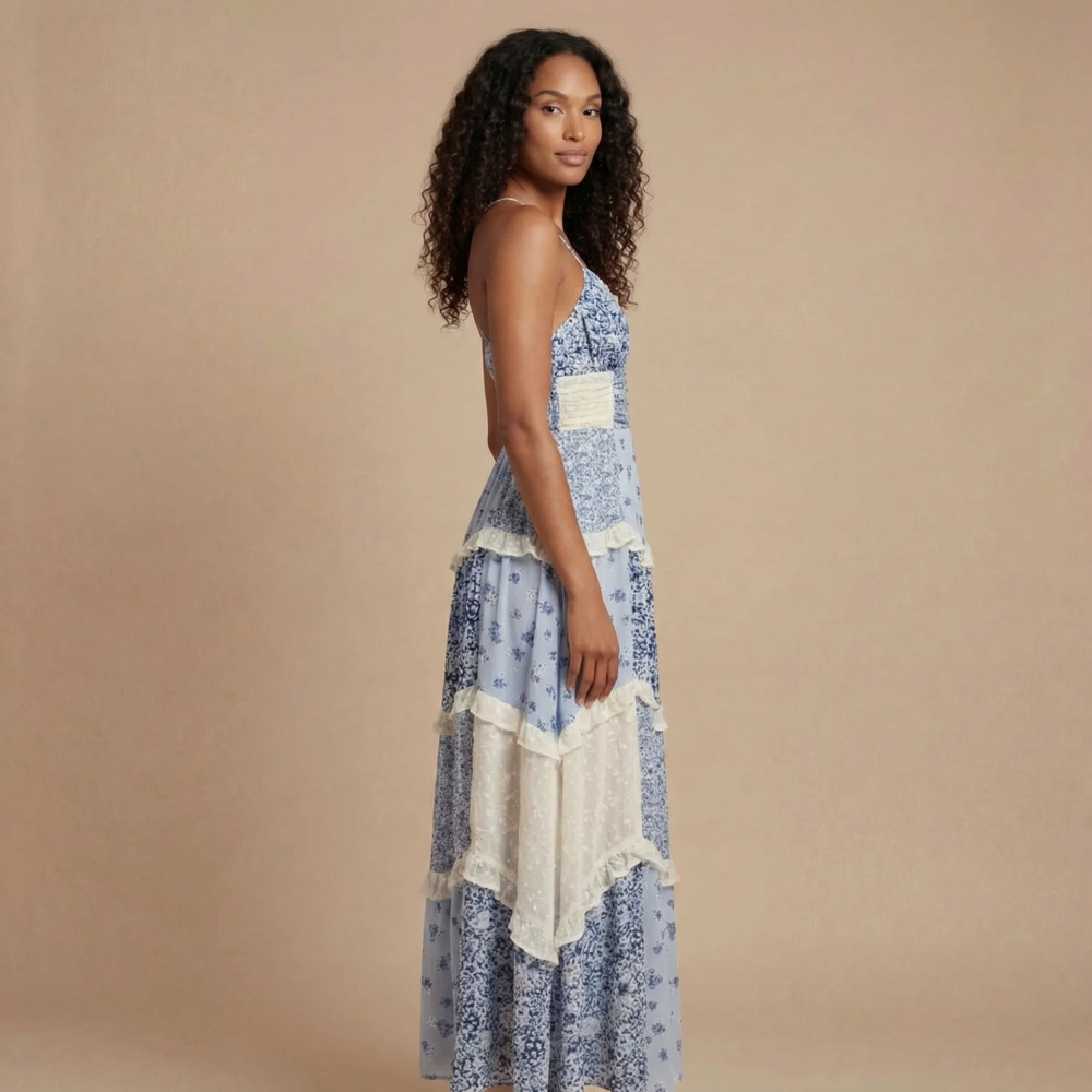 Ashley - Floral Print Tiered Ruffle Maxi Dress with Lace Trim