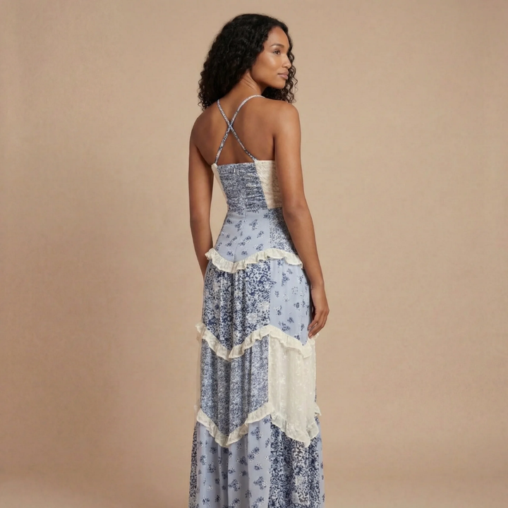 Ashley - Floral Print Tiered Ruffle Maxi Dress with Lace Trim