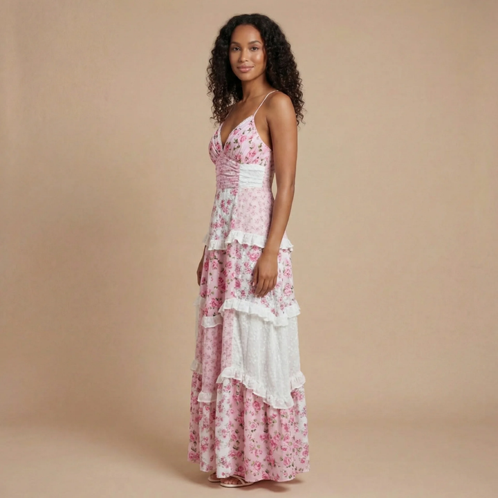 Ashley - Floral Print Tiered Ruffle Maxi Dress with Lace Trim