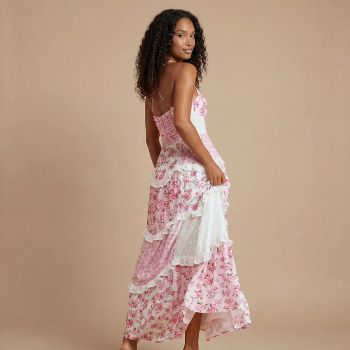 Ashley - Floral Print Tiered Ruffle Maxi Dress with Lace Trim