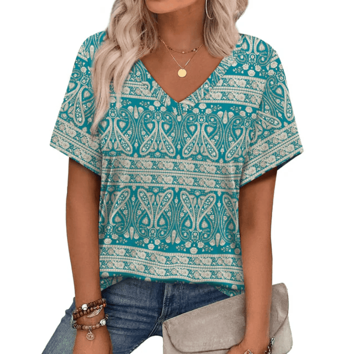 Vibrant Boho V Neck Top