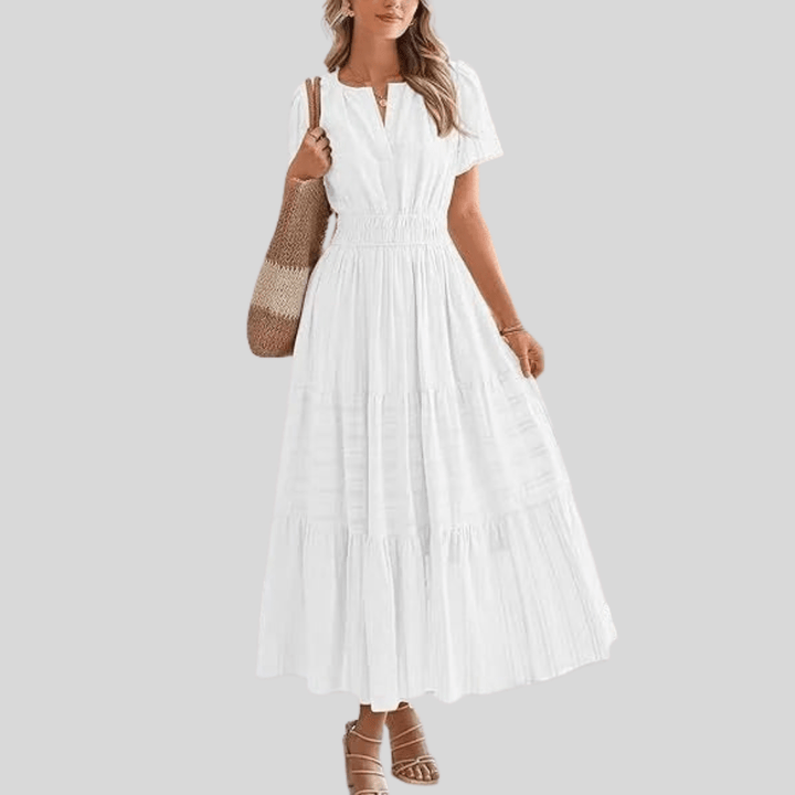 Boho Pleated Puff Sleeve Midi Dress