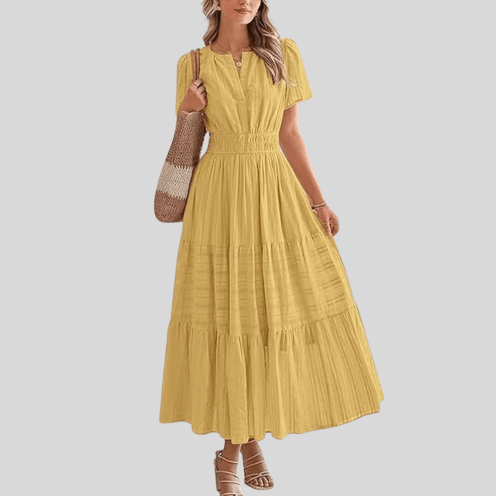 Boho Pleated Puff Sleeve Midi Dress