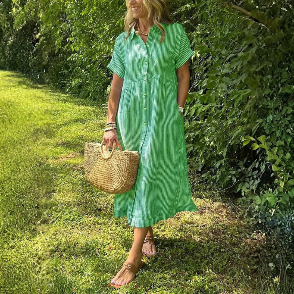 Striped Button Front Midi Dress