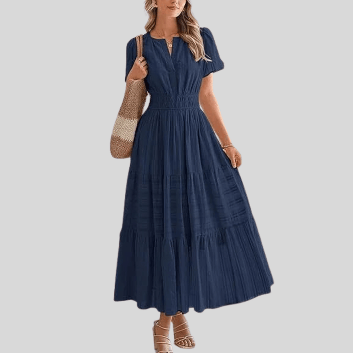 Boho Pleated Puff Sleeve Midi Dress