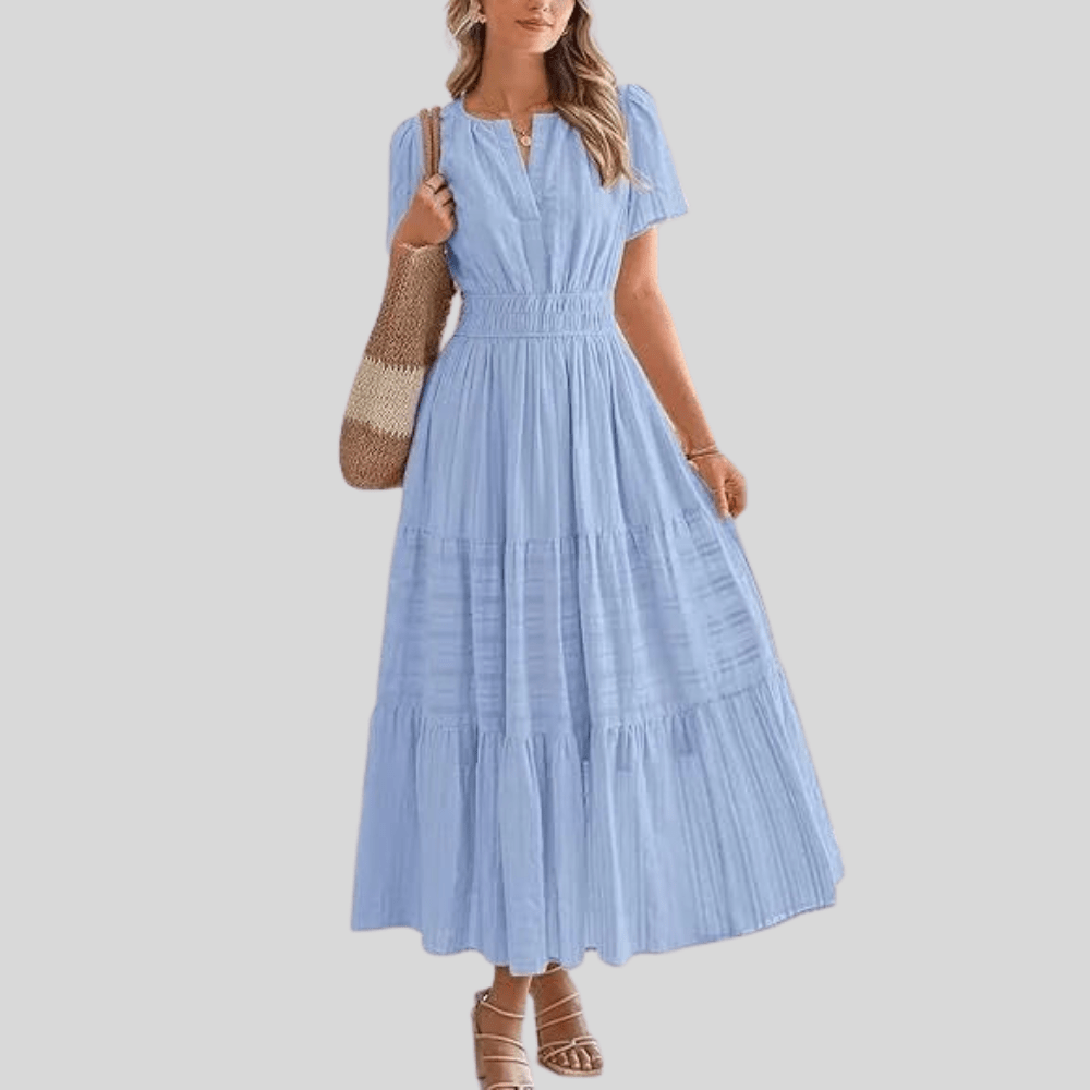 Boho Pleated Puff Sleeve Midi Dress