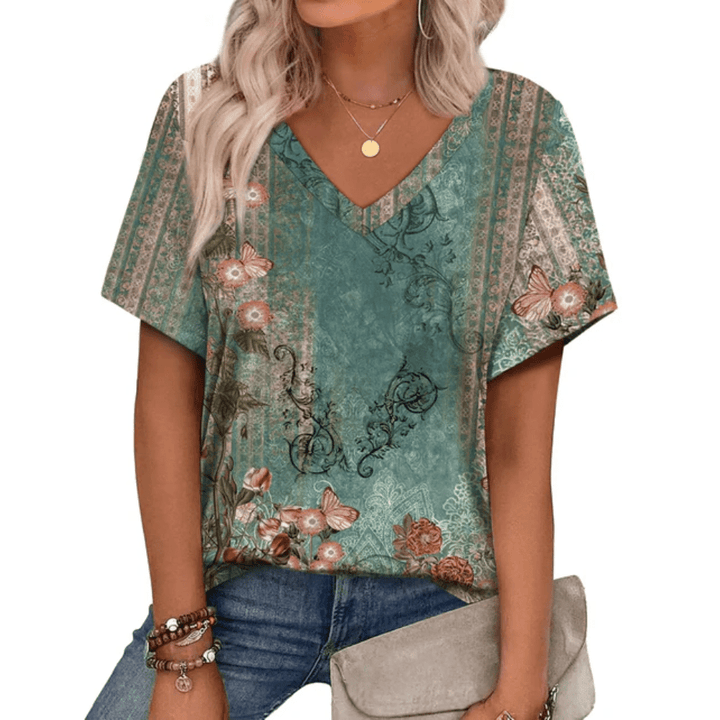 Vibrant Boho V Neck Top