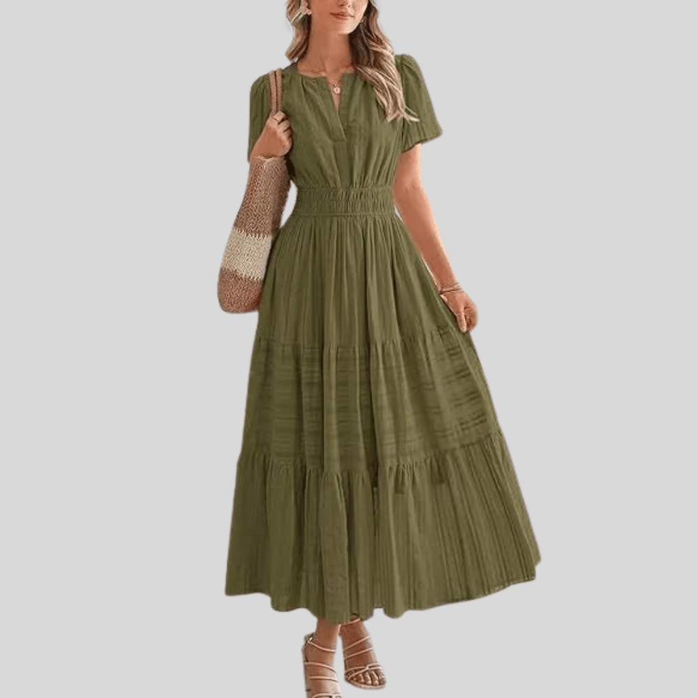 Boho Pleated Puff Sleeve Midi Dress