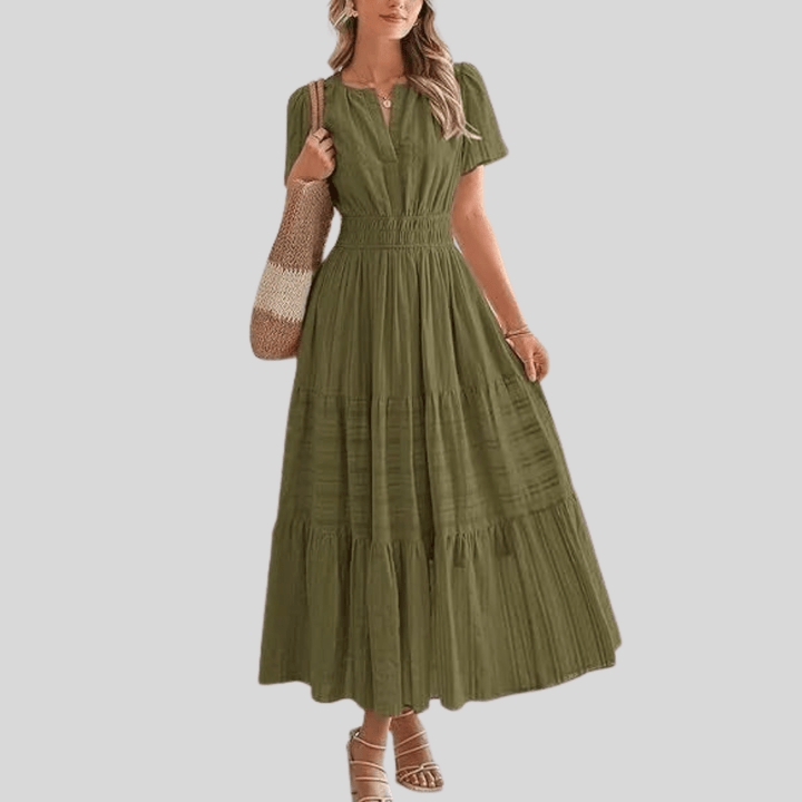 Boho Pleated Puff Sleeve Midi Dress