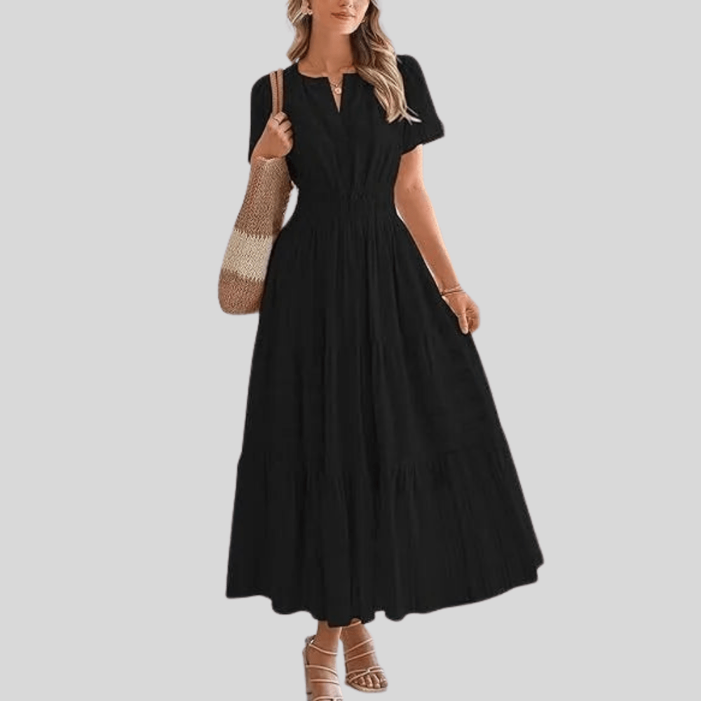 Boho Pleated Puff Sleeve Midi Dress