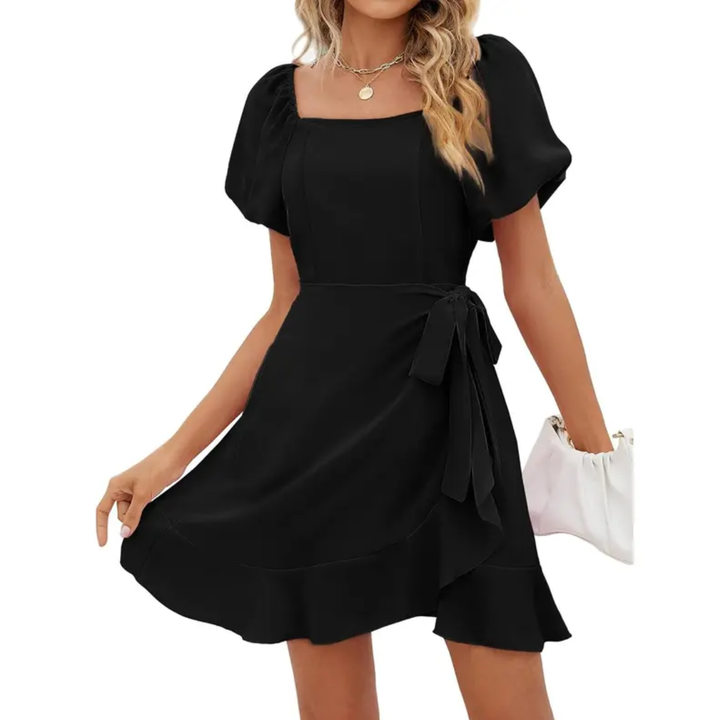 Donna - Square Neck Puff Sleeve Belted A-Line Mini Dress