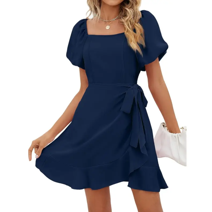 Donna - Square Neck Puff Sleeve Belted A-Line Mini Dress