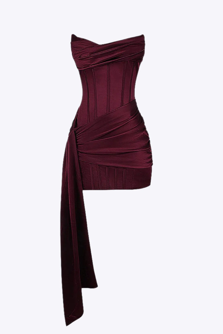 BROOKLYN - Strapless Satin Corset Mini Dress with Draped Sash Detail