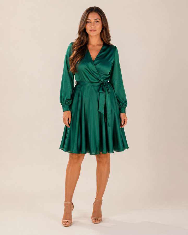 Satin Wrap Dress with Puff Sleeves for Women – Noa