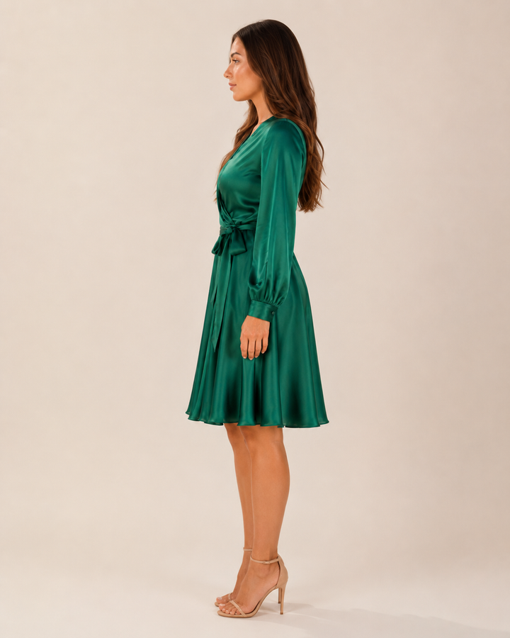 Satin Wrap Dress with Puff Sleeves for Women – Noa
