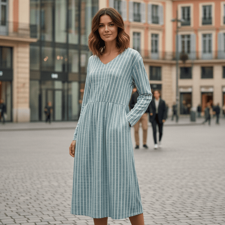 Breathable V Neck Stripe Dress
