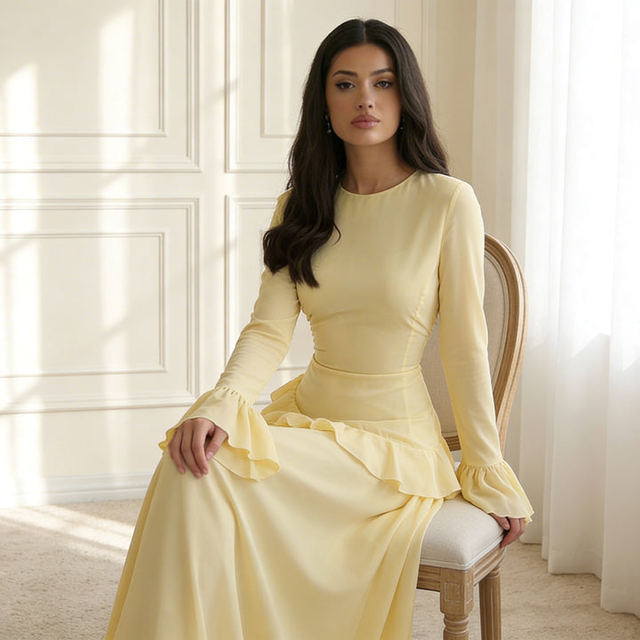Maxi Dress – Flowy Ruffle Detail &amp; Elegant Flared Silhouette