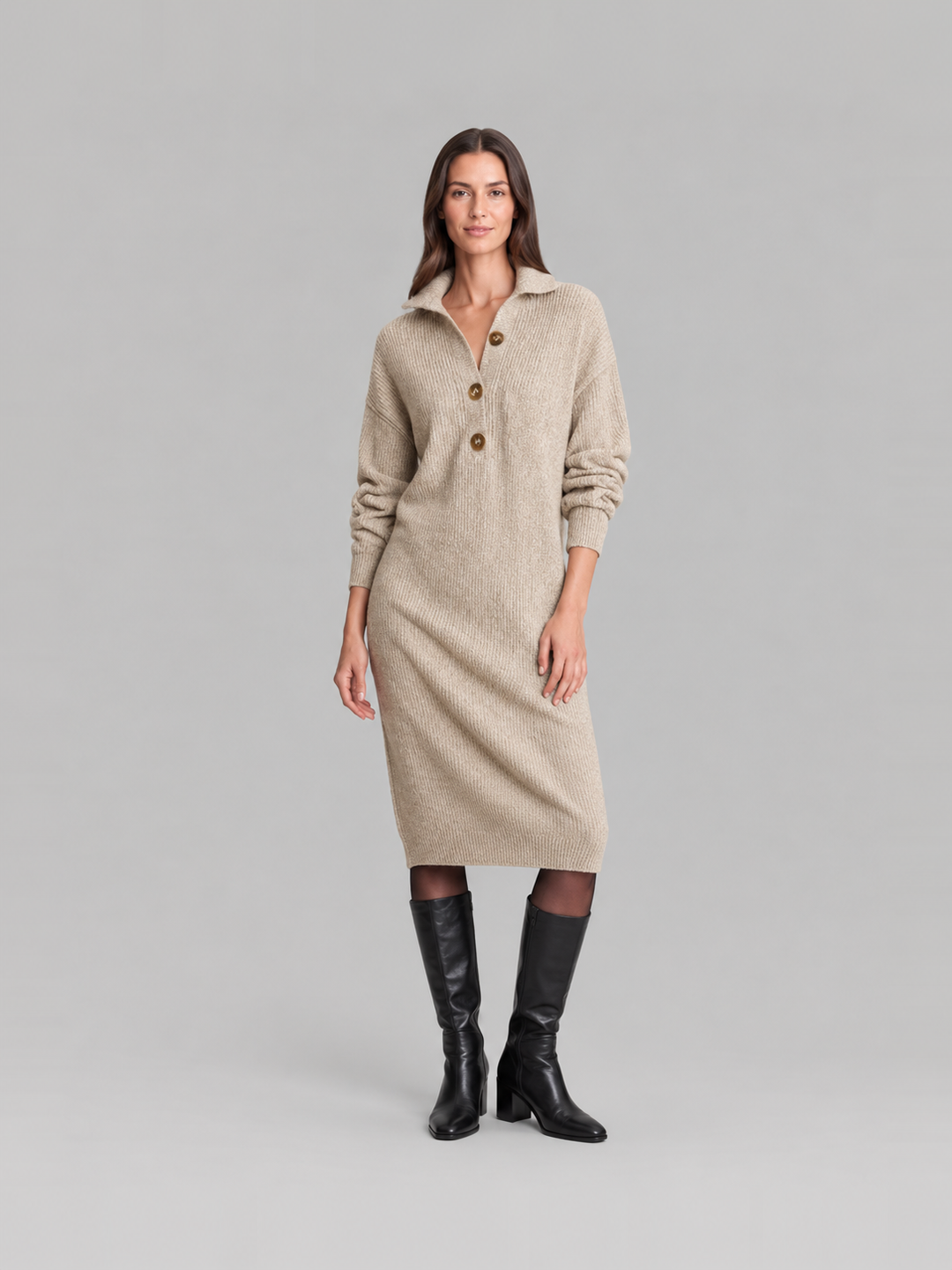 Chic ribbed midi dress with collar for women – Elze