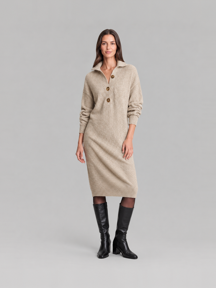 Chic ribbed midi dress with collar for women – Elze