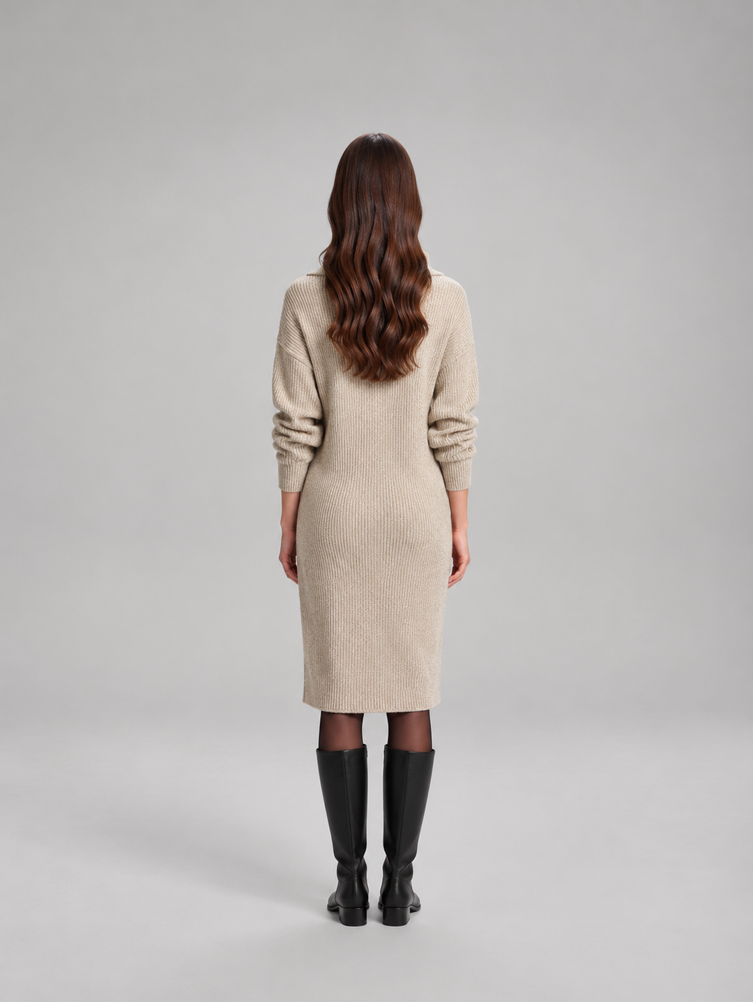 Chic ribbed midi dress with collar for women – Elze