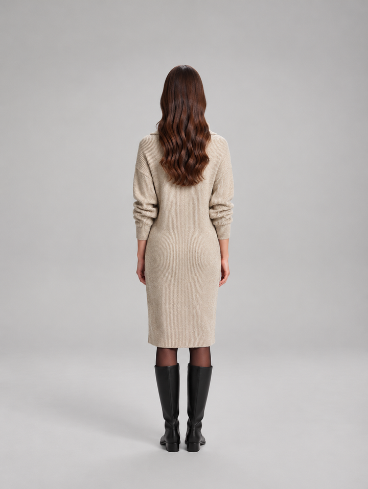 Chic ribbed midi dress with collar for women – Elze