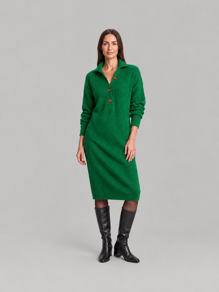 Chic ribbed midi dress with collar for women – Elze