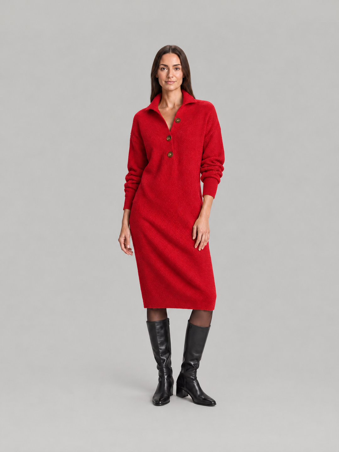Chic ribbed midi dress with collar for women – Elze