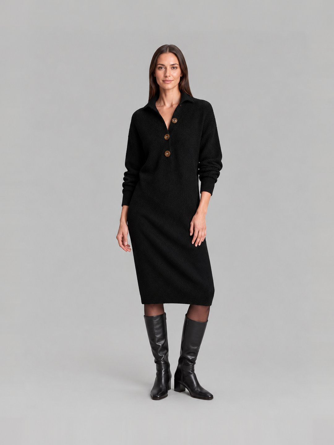Chic ribbed midi dress with collar for women – Elze
