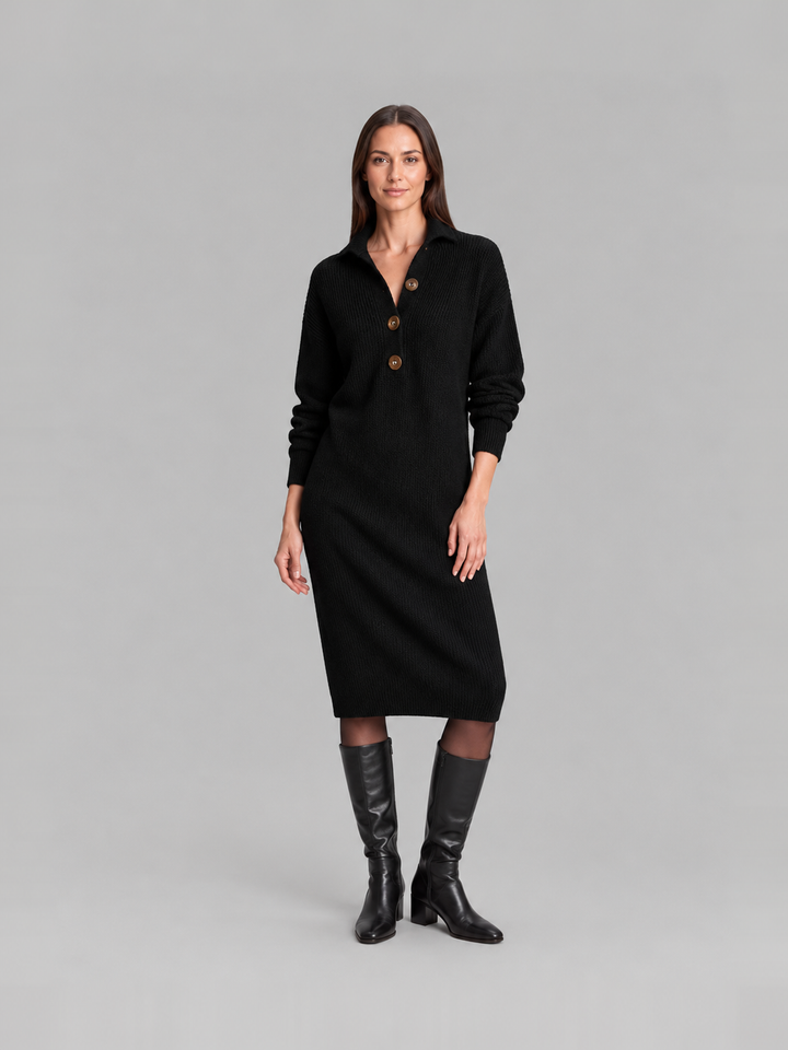Chic ribbed midi dress with collar for women – Elze