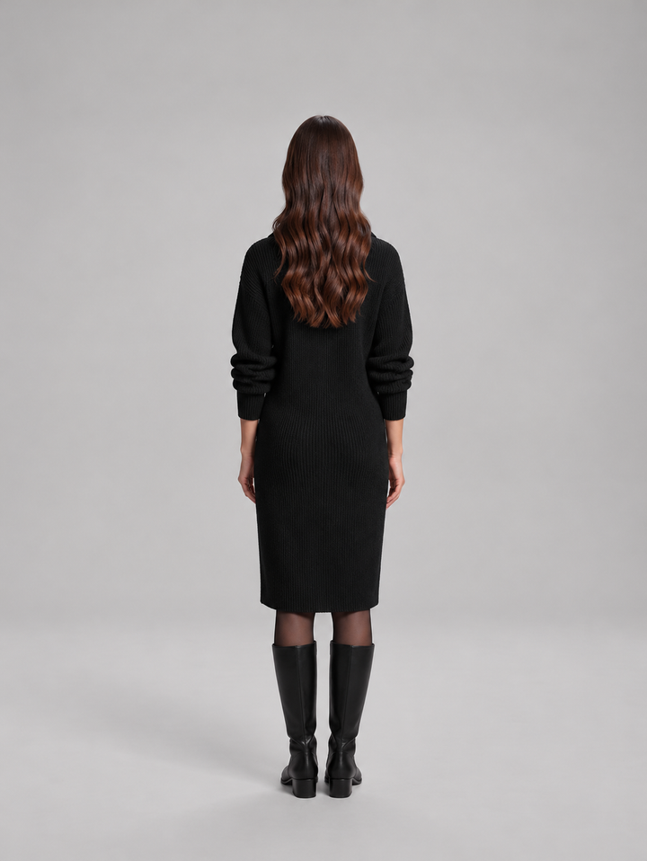 Chic ribbed midi dress with collar for women – Elze